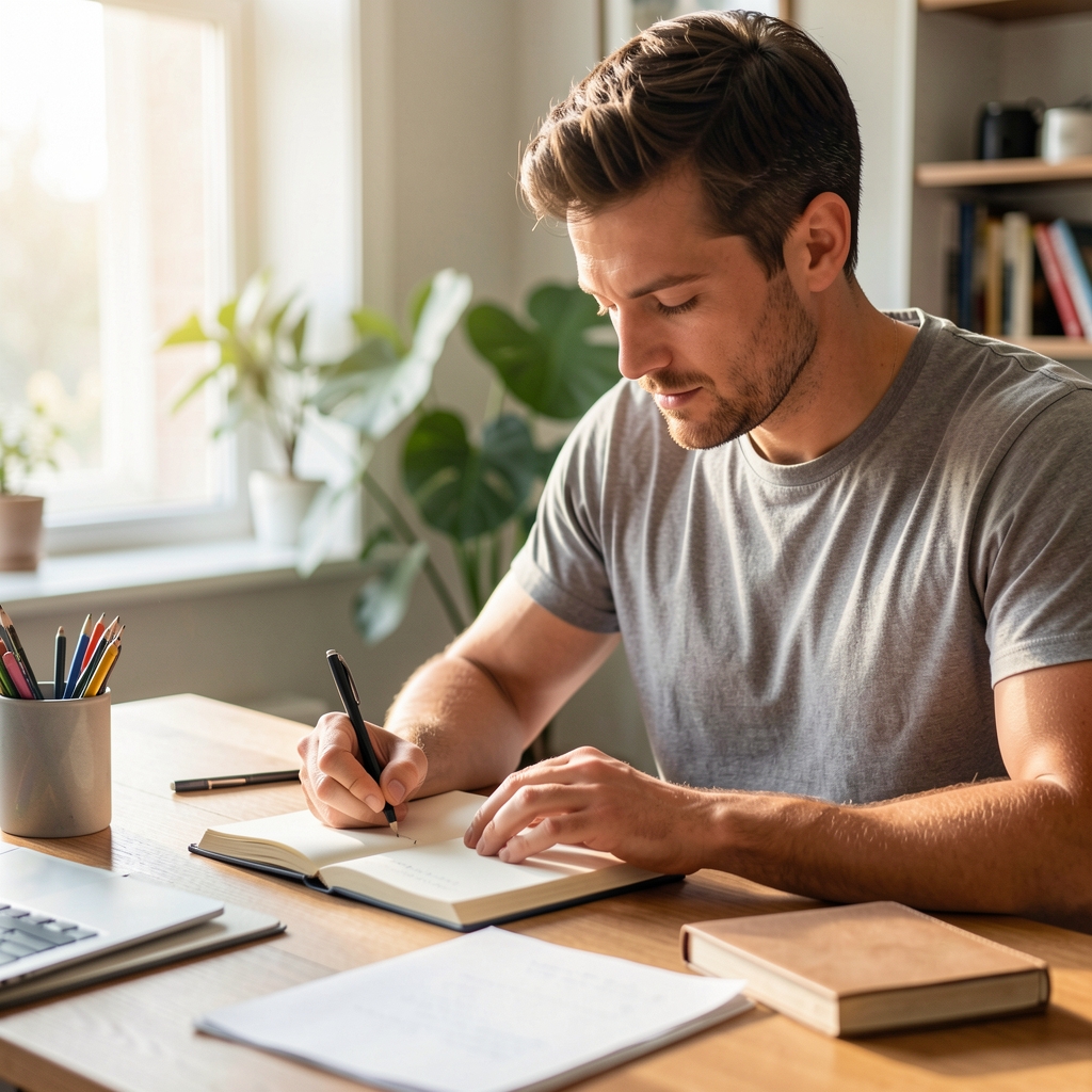 Man writing in a journal at a desk, morning light, active lifestyle setting, editorial composition